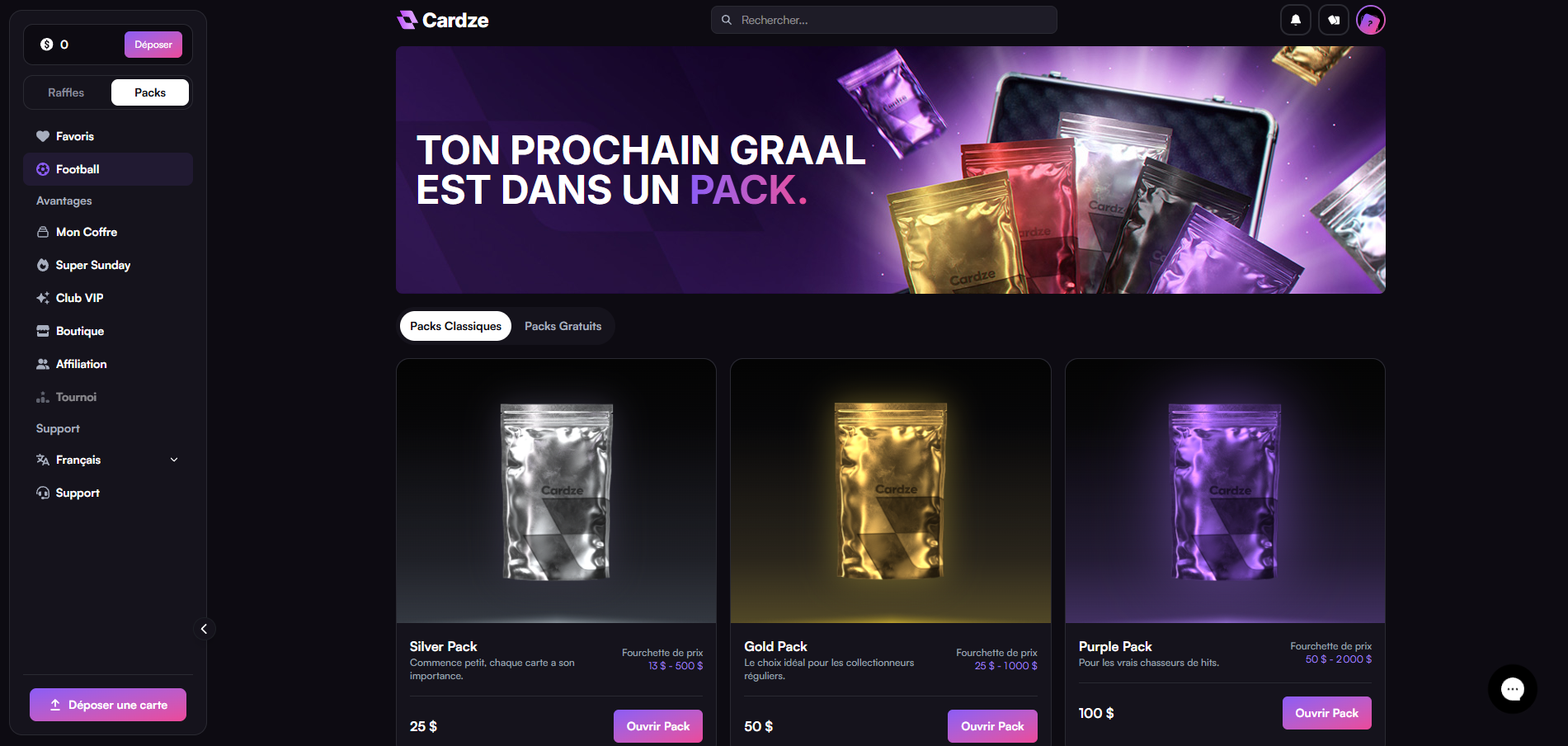 I packs Cardze: Silver, Gold e Purple con le loro fasce di prezzo