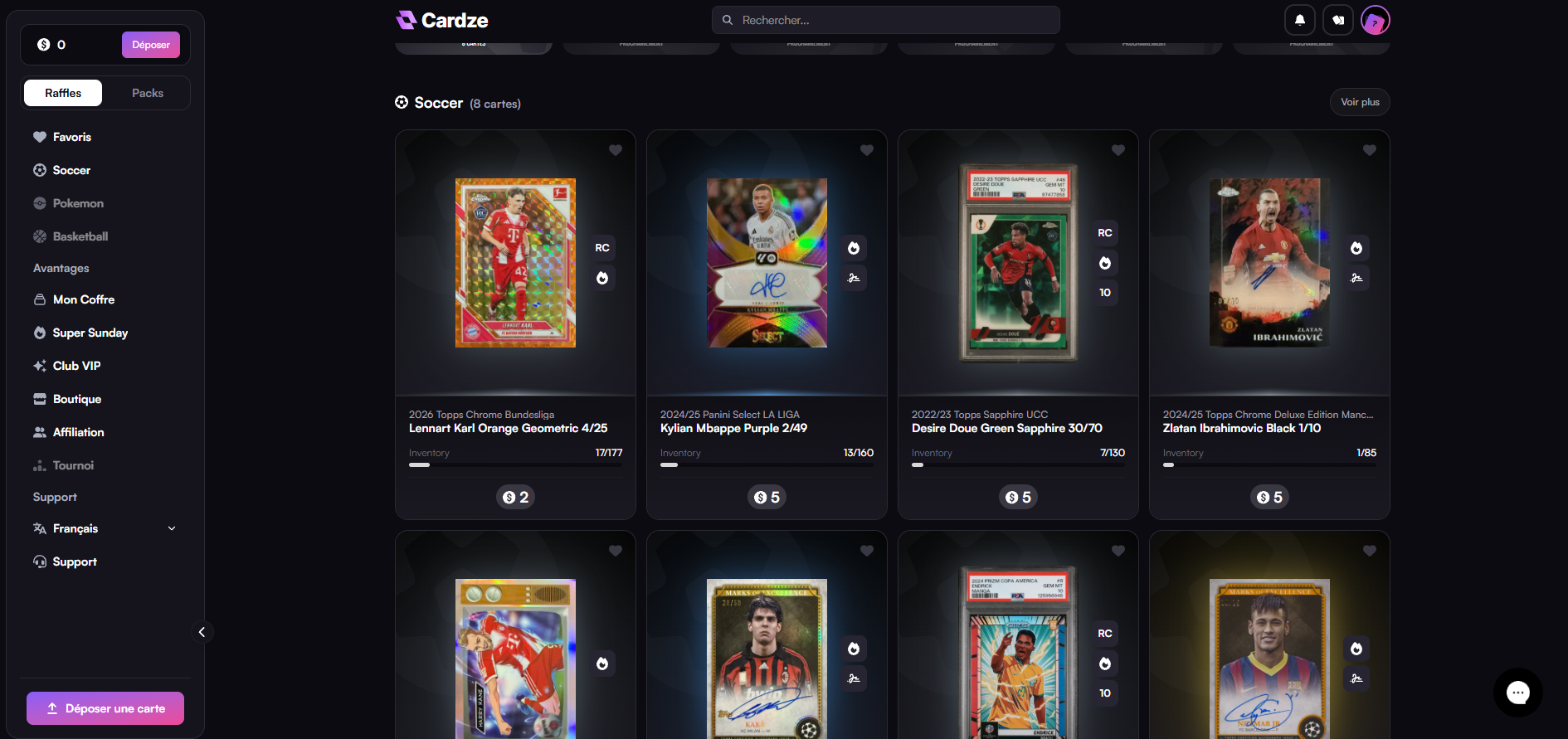 Raffles di carte di calcio in corso su Cardze con il prezzo dei ticket