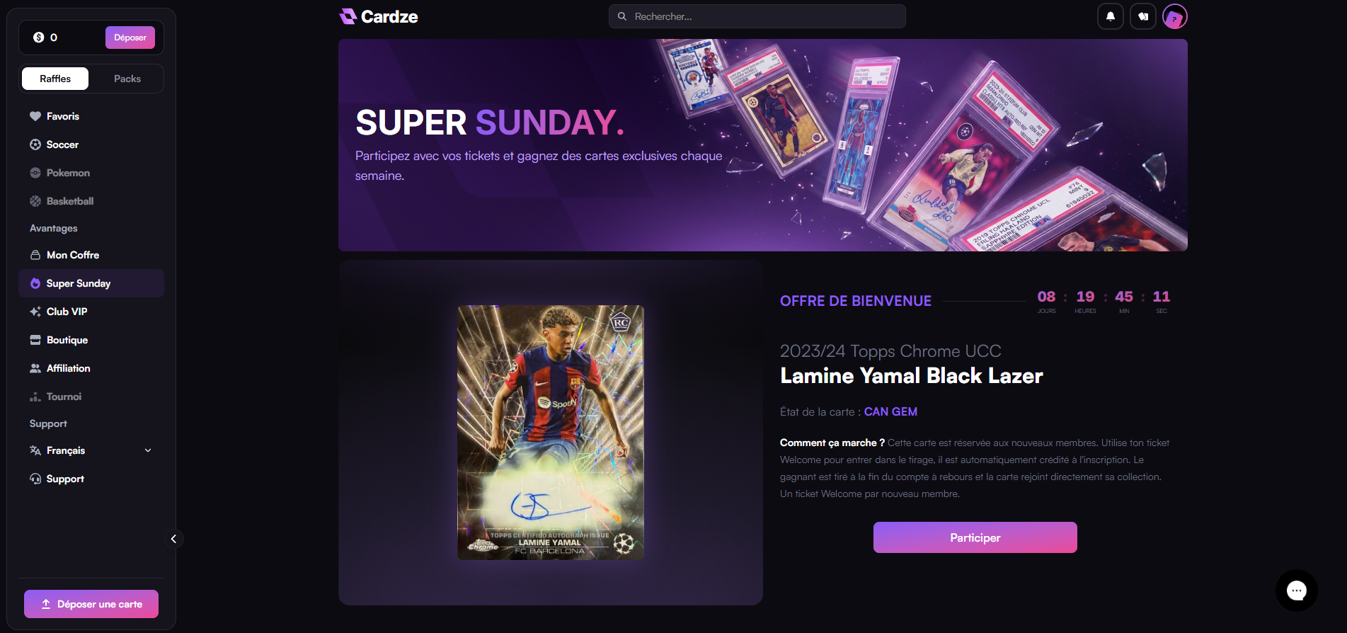 Pagina Super Sunday di Cardze con la carta esclusiva e il conto alla rovescia