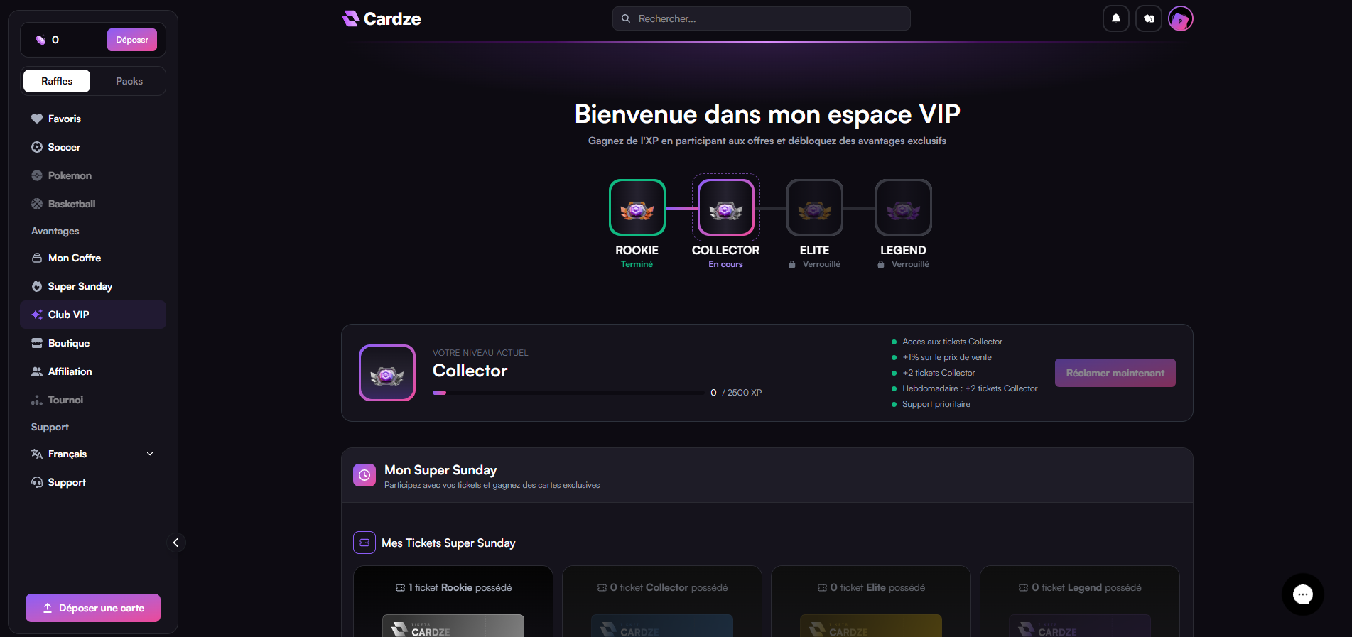 Spazio VIP Cardze: ranghi Rookie, Collector, Elite, Legend e ticket Super Sunday